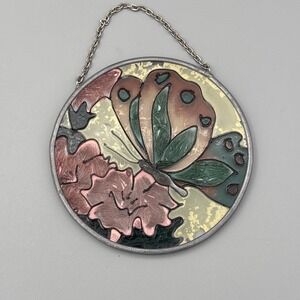 Suncatcher Butterfly and Flower Vintage Round Pink Green 3.7"